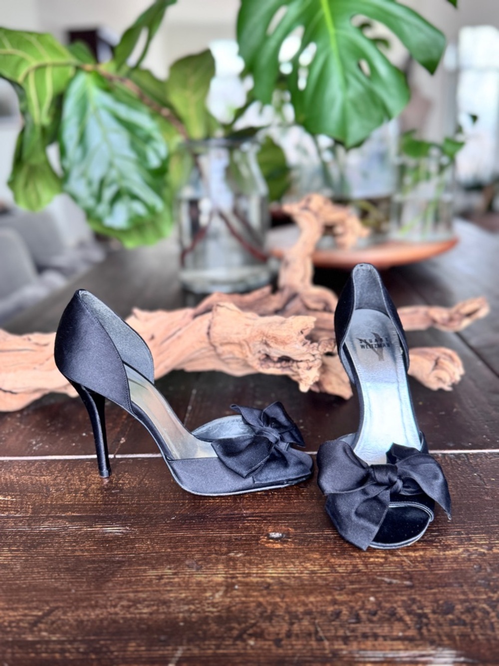 Stuart Weitzman Black Satin Peep-Toe Stiletto Heels w bow details